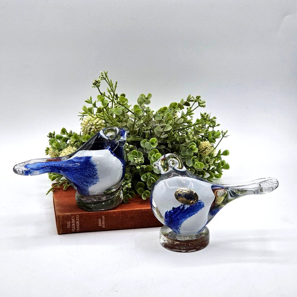 Vtg Murano Glass Bird Figurines Blue White Swirl Set Of 2 Italy Vintage Handmade